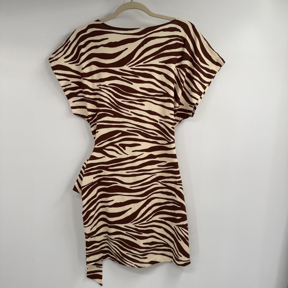NWT Sezane Sabrina Mini Dress Womens L Brown Cream Zebra Print Tie Waist Stretch - Picture 3 of 10